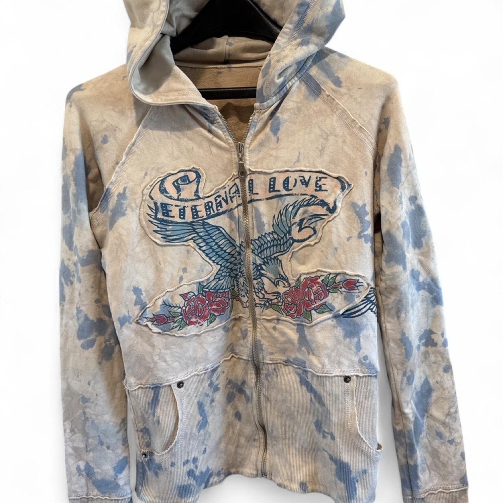 Blue White Tie dye zip up hoodie eagle roses graphic front pockets